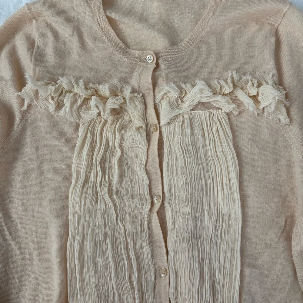 J Crew MEDIUM Peach 100% Cashmere Button Down Ruffle Cardigan Sweater tan cream